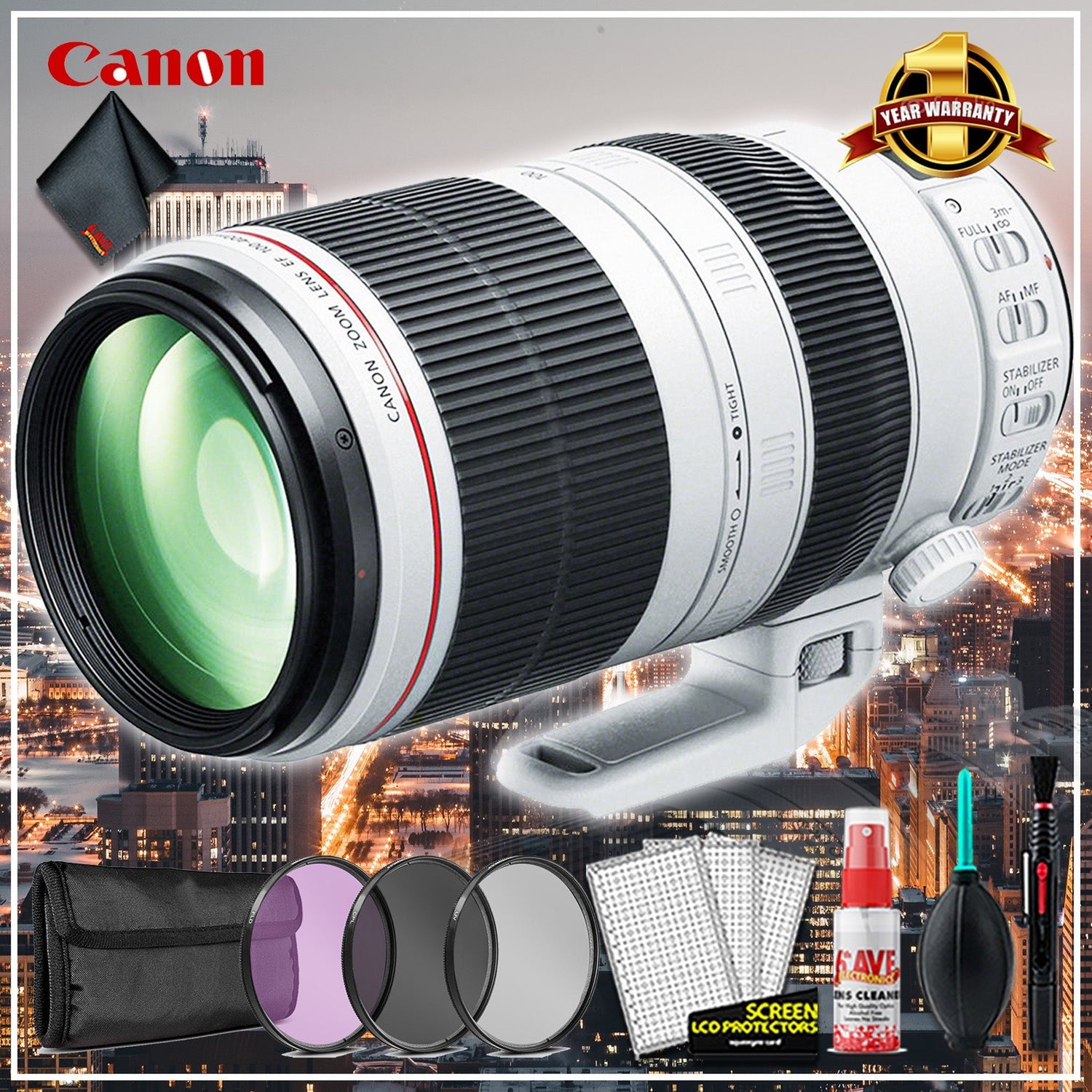 Canon EF 100-400mm F/10-5.6L IS Lens (Intl Model) With Color Lens Filter Kit and Cleaning Kit