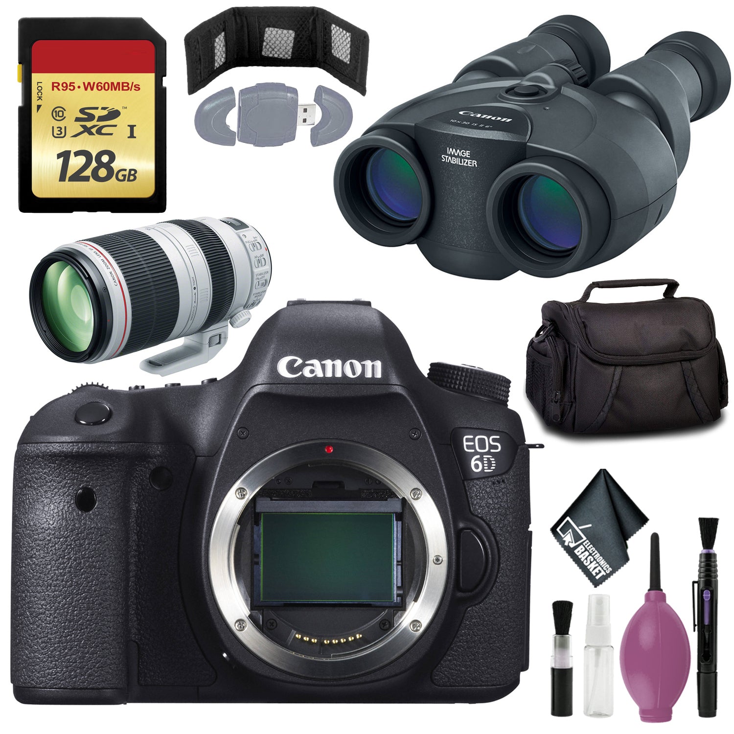 Canon 10x30 IS II Image Stabilized Binocular - CANON EOS 6D PRO DIG CAMERA - 128GB Card - Card Wallet - Reader