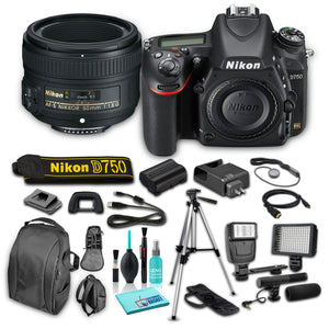 Nikon D750 DSLR Camera Body Only , 24.3MP FX-Format CMOS Sensor, AF-S NIKKOR 50mm f/1.8G Lens Bundle with 8 Piece Accessories