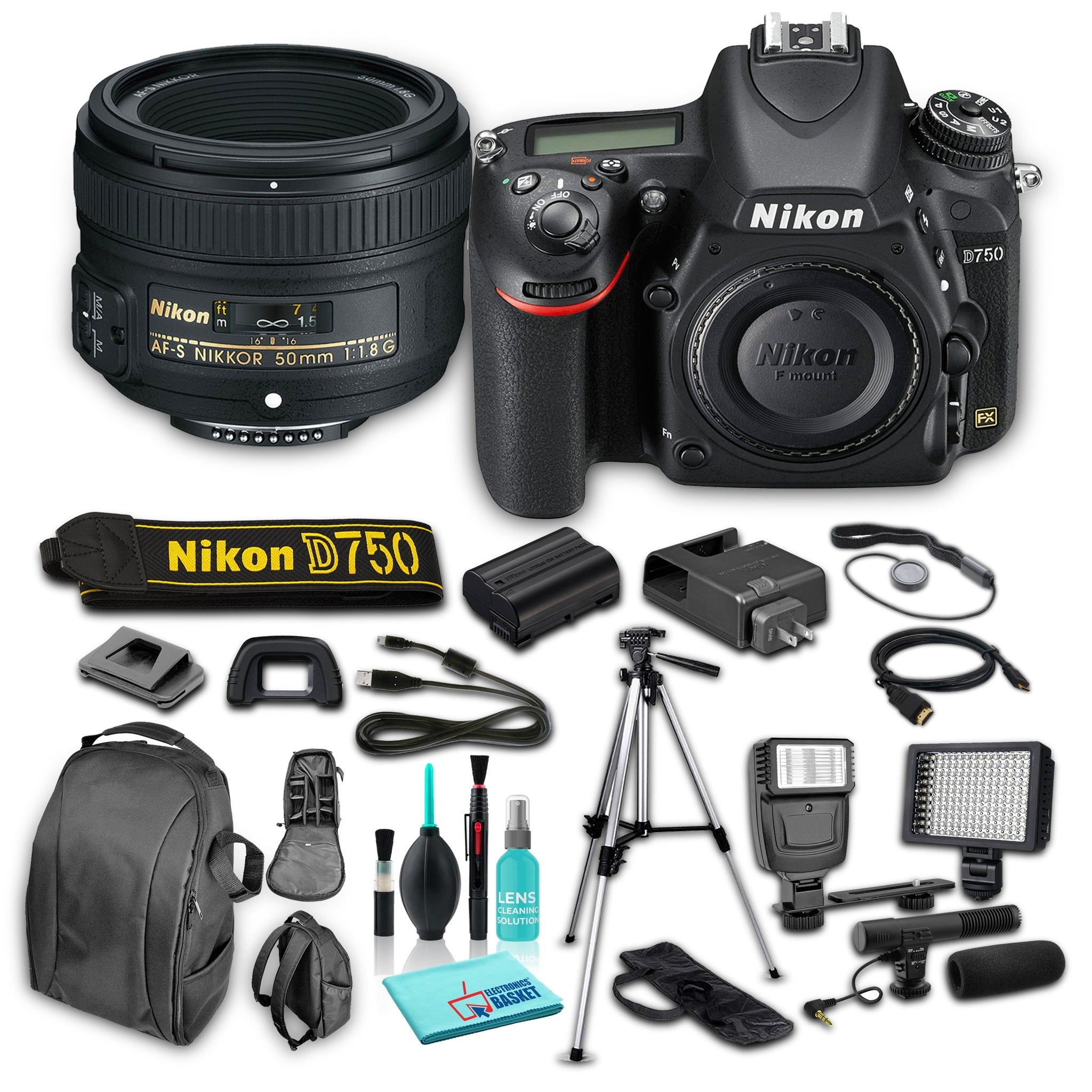 Nikon D750 DSLR Camera Body Only , 24.3MP FX-Format CMOS Sensor, AF-S NIKKOR 50mm f/1.8G Lens Bundle with 8 Piece Accessories