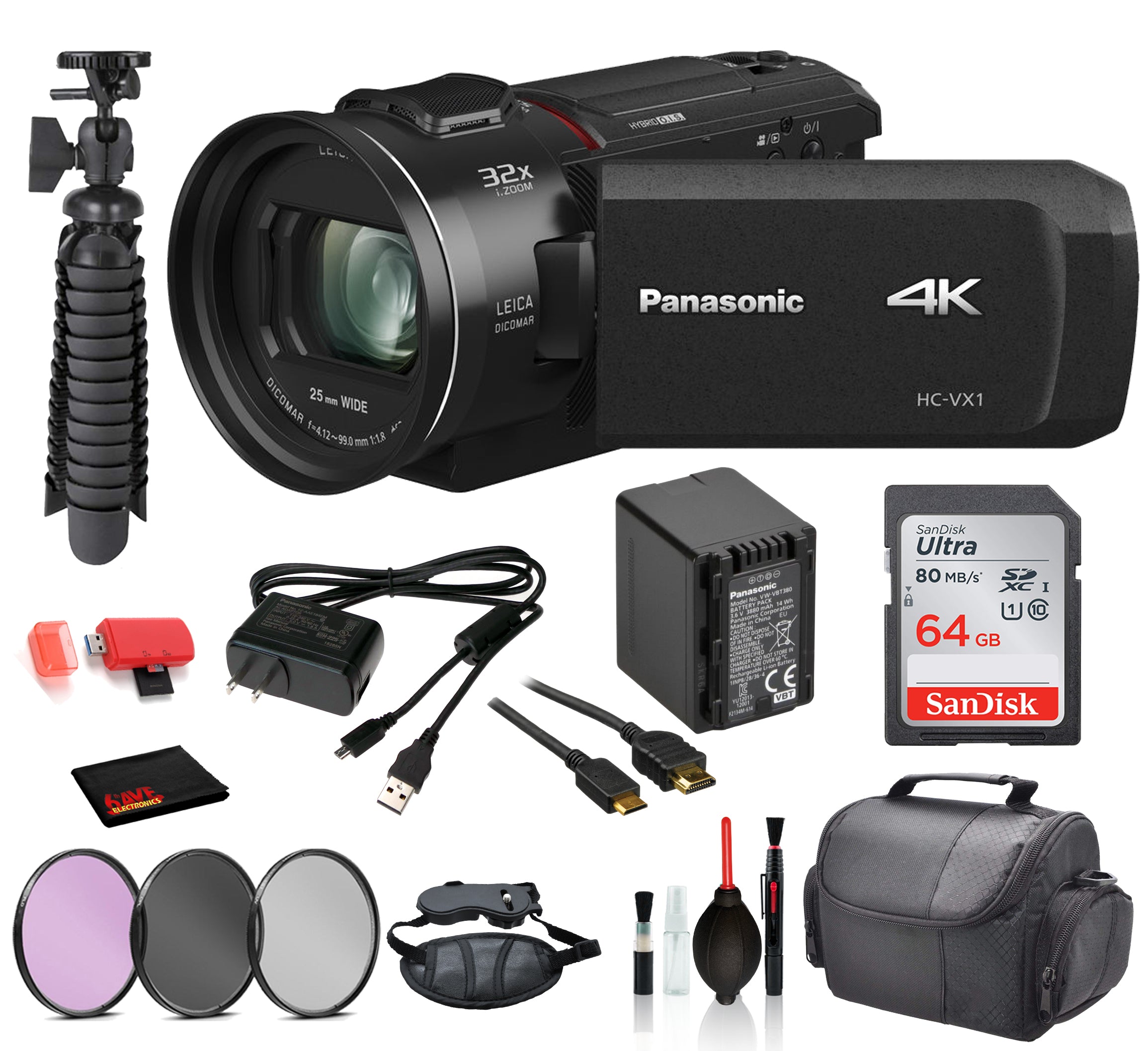 Panasonic HC-VX1 4K HD Camcorder USA (HC-VX1K) with SanDisk Ultra 64gb SD card + 3PC Filter Kit + MORE