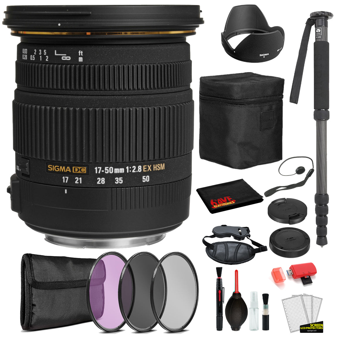 Sigma 17-50mm f/2.8 EX DC OS HSM Lens for Canon EF with Bundle Includes: Pro Series Monopod, 3PC Filter Kit + More