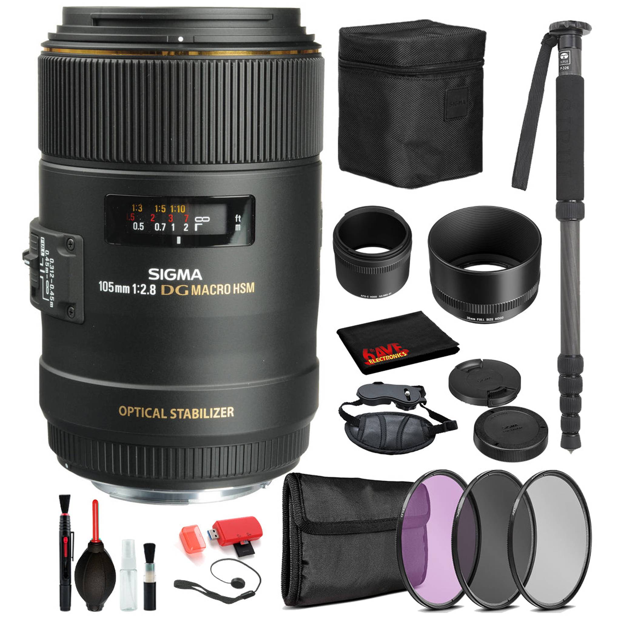 Sigma 105mm f/2.8 EX DG OS HSM Macro Lens for Canon EF with Bundle ncludes: Pro Series Monopod, 3PC Filter Kit + More