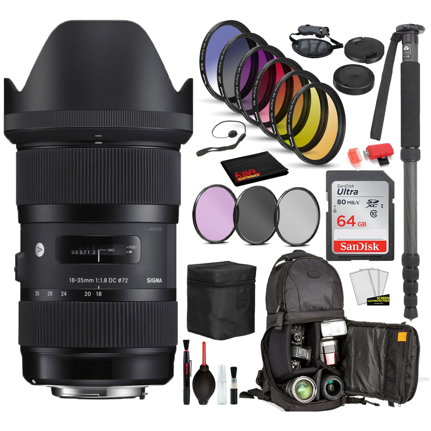 Sigma 18-35mm f/1.8 DC HSM Art Lens for Canon EF with Bundle Includes: Sandisk 64gb SD Card, 9PC Filter Kit + More