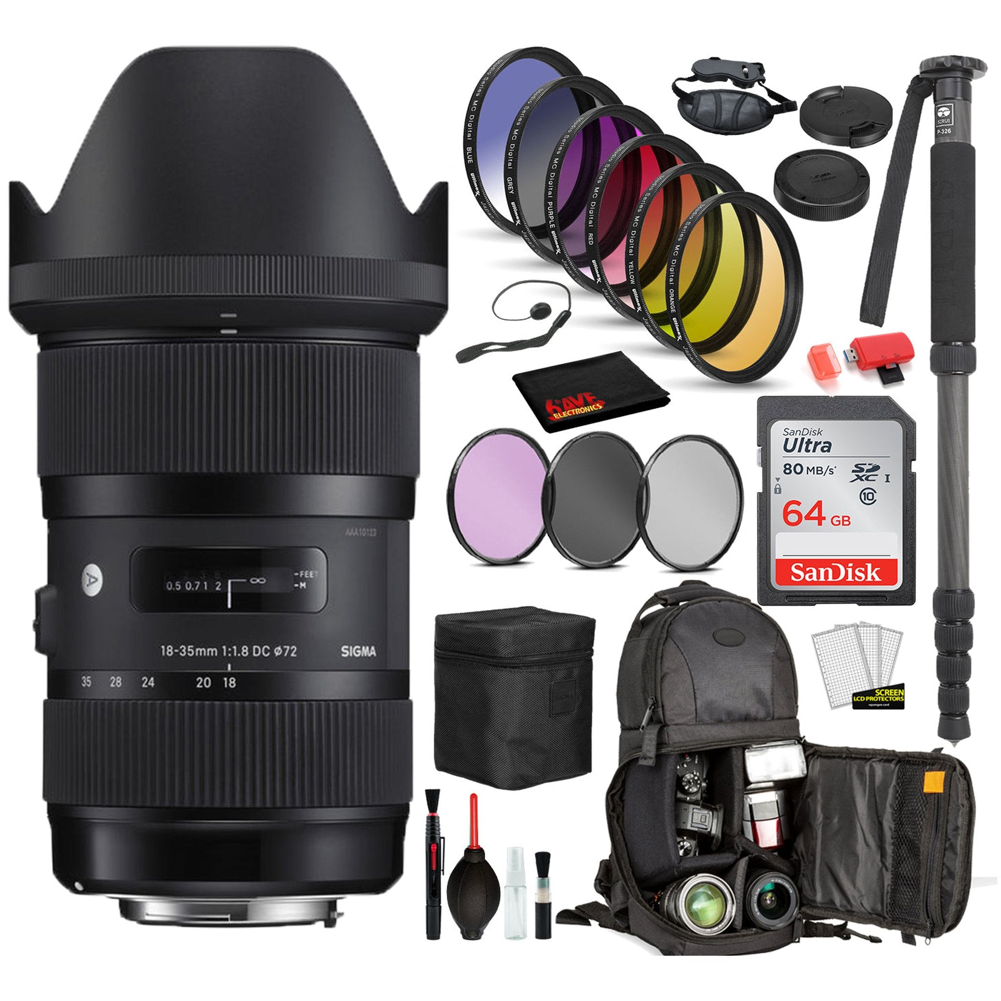 Sigma 18-35mm f/1.8 DC HSM Art Lens for Canon EF with Bundle Includes: Sandisk 64gb SD Card, 9PC Filter Kit + More