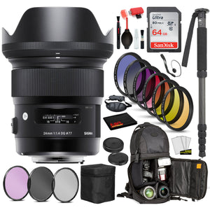 Sigma 24mm f/1.4 DG HSM Art Lens for Canon EF with Bundle Includes: Sandisk 64gb SD Card, 9PC Filter Kit + More Sigma