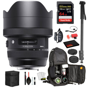 Sigma 12-24mm f/4 DG HSM Art Lens for Canon EF with Bundle: Sandisk extreme Pro 64gb SD Card, Sling Backpack + More Sigma