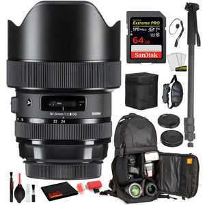 Sigma 14-24mm f/2.8 DG HSM Art Lens for Canon EF with Bundle: Sandisk extreme Pro 64gb SD Card, Sling Backpack + More
