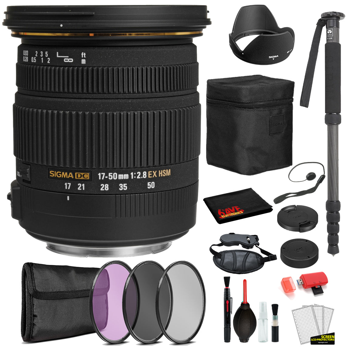 Sigma 17-50mm f/2.8 EX DC OS HSM Lens for Nikon F with Bundle Includes: Pro Series Monopod, 3PC Filter Kit + More