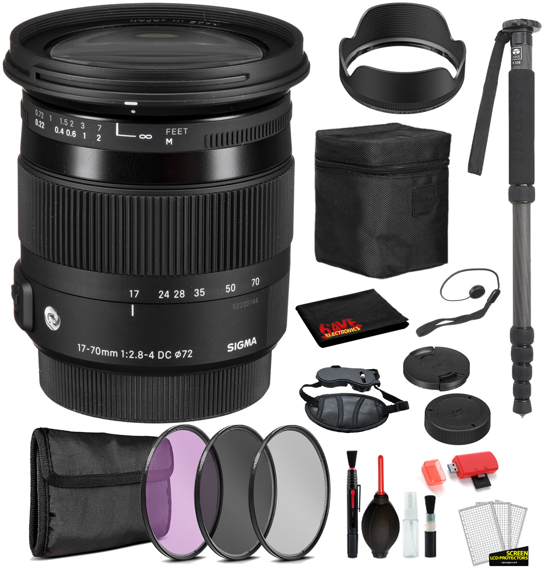 Sigma 17-70mm f/2.8-4 DC Macro OS HSM Contemporary Lens for Nikon F with Bundle: Monopod, 3PC Filter Kit + More
