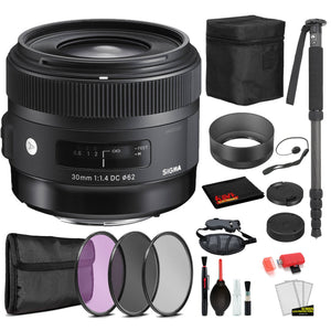 Sigma 30mm f/1.4 DC HSM Art Lens for Nikon F with Bundle Includes: Pro Series Monopod, 3PC Filter Kit + More