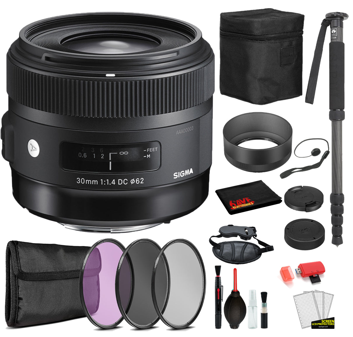 Sigma 30mm f/1.4 DC HSM Art Lens for Nikon F with Bundle Includes: Pro Series Monopod, 3PC Filter Kit + More