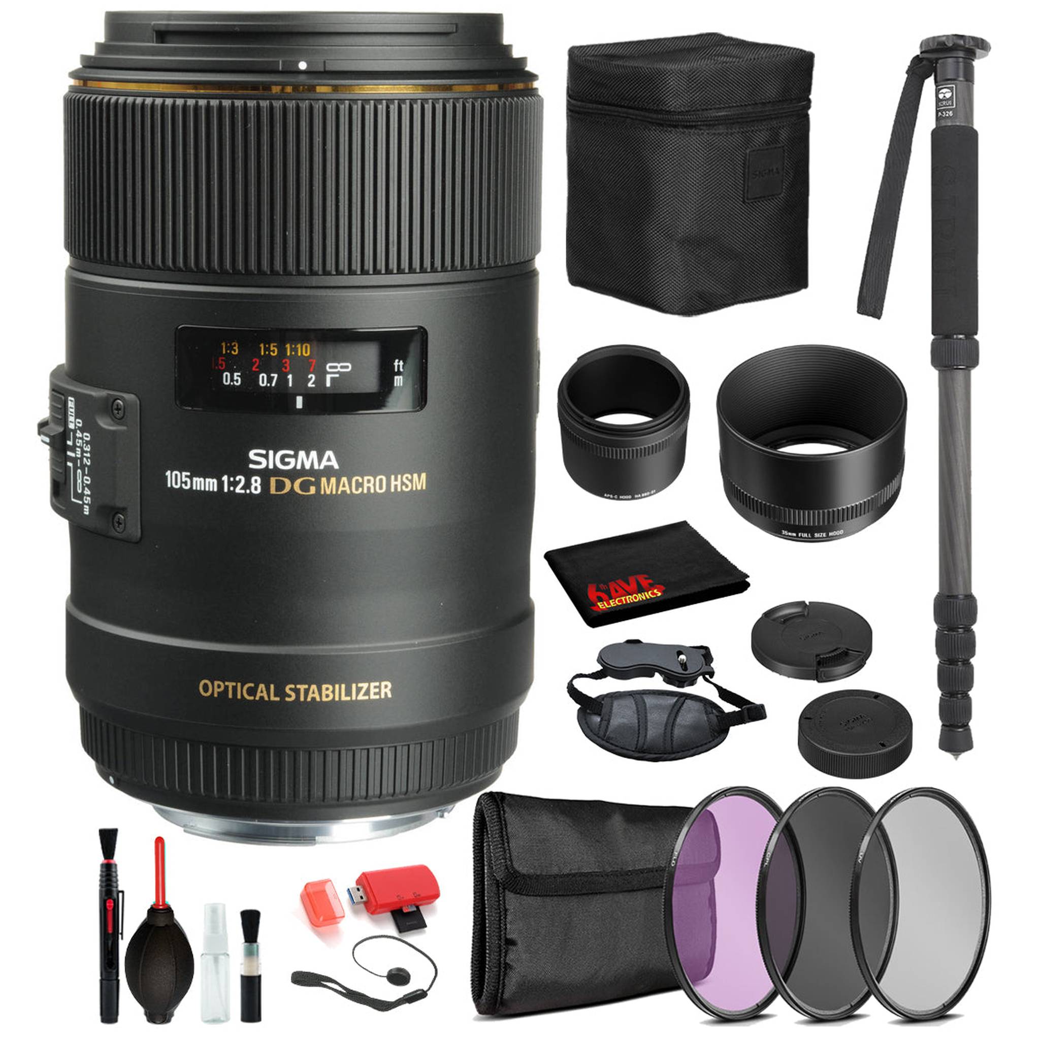 Sigma 105mm f/2.8 EX DG OS HSM Macro Lens for Nikon F with Bundle Includes: Pro Series Monopod, 3PC Filter Kit + More