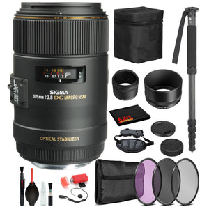 Sigma 105mm f/2.8 EX DG OS HSM Macro Lens for Nikon F with Bundle Includes: Pro Series Monopod, 3PC Filter Kit + More