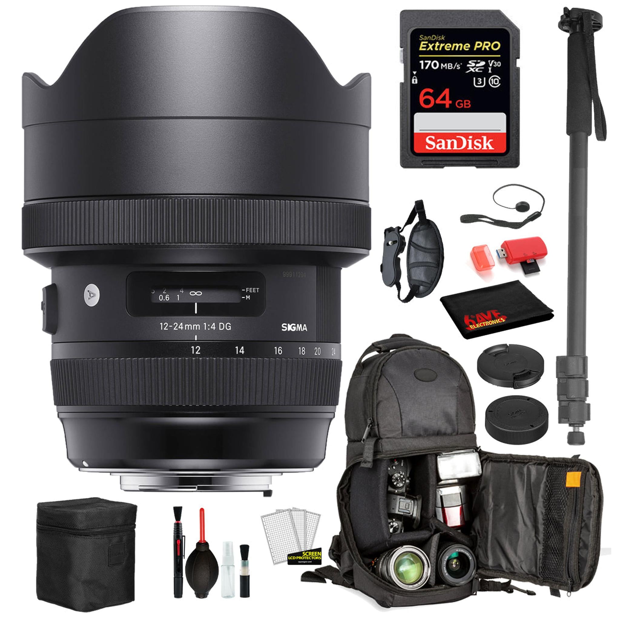 Sigma 12-24mm f/4 DG HSM Art Lens for Nikon F with Bundle: Sandisk extreme Pro 64gb SD Card, Sling Backpack + More