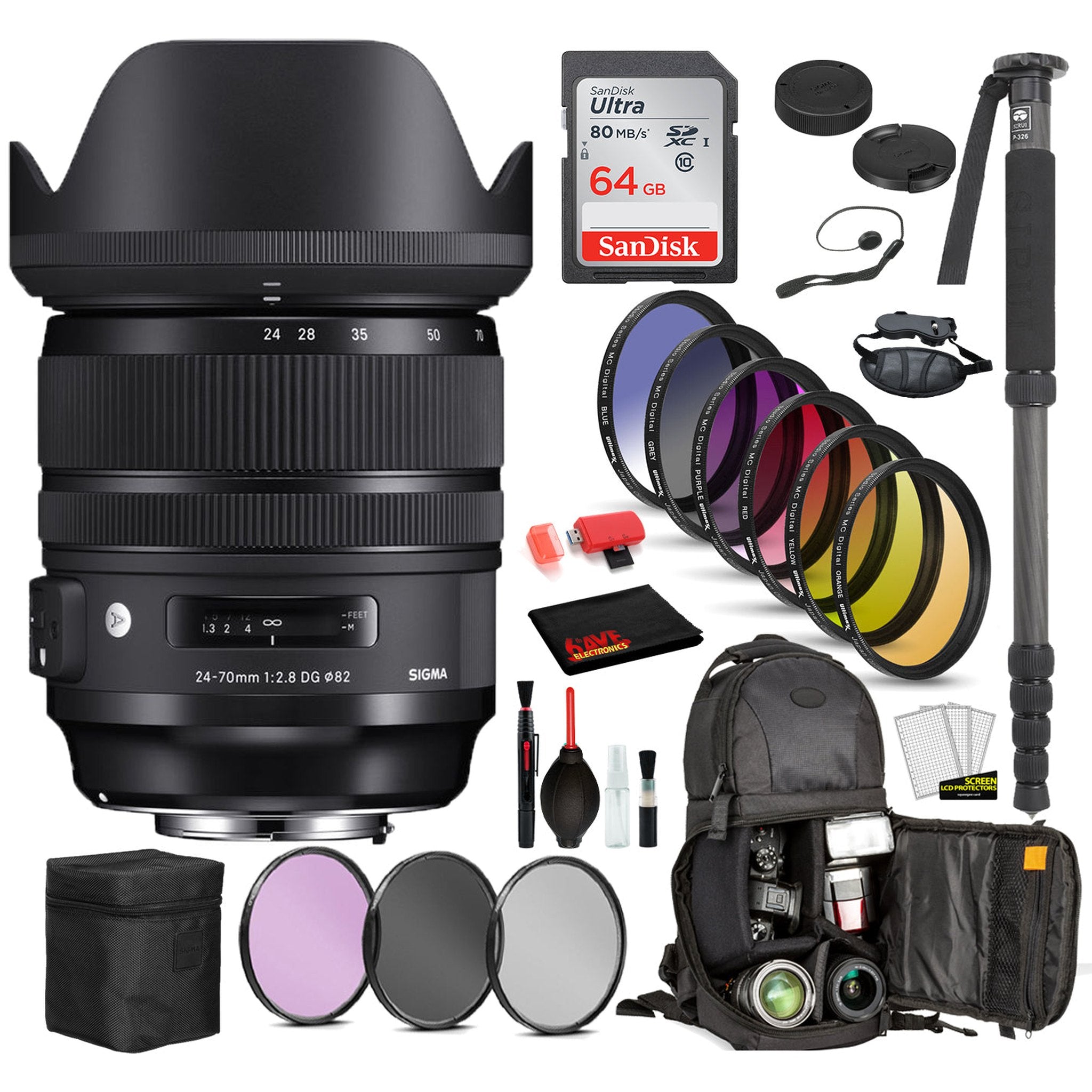 Sigma 24-70mm f/2.8 DG OS HSM Art Lens for Nikon F with Bundle Includes: Sandisk 64gb SD Card, 9PC Filter Kit + More