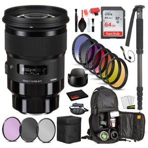 Sigma 50mm f/1.4 DG HSM Art Lens for Sony E Mount 311965 with: Sandisk 64gb SD Card, 9PC Filter Kit + More Sigma