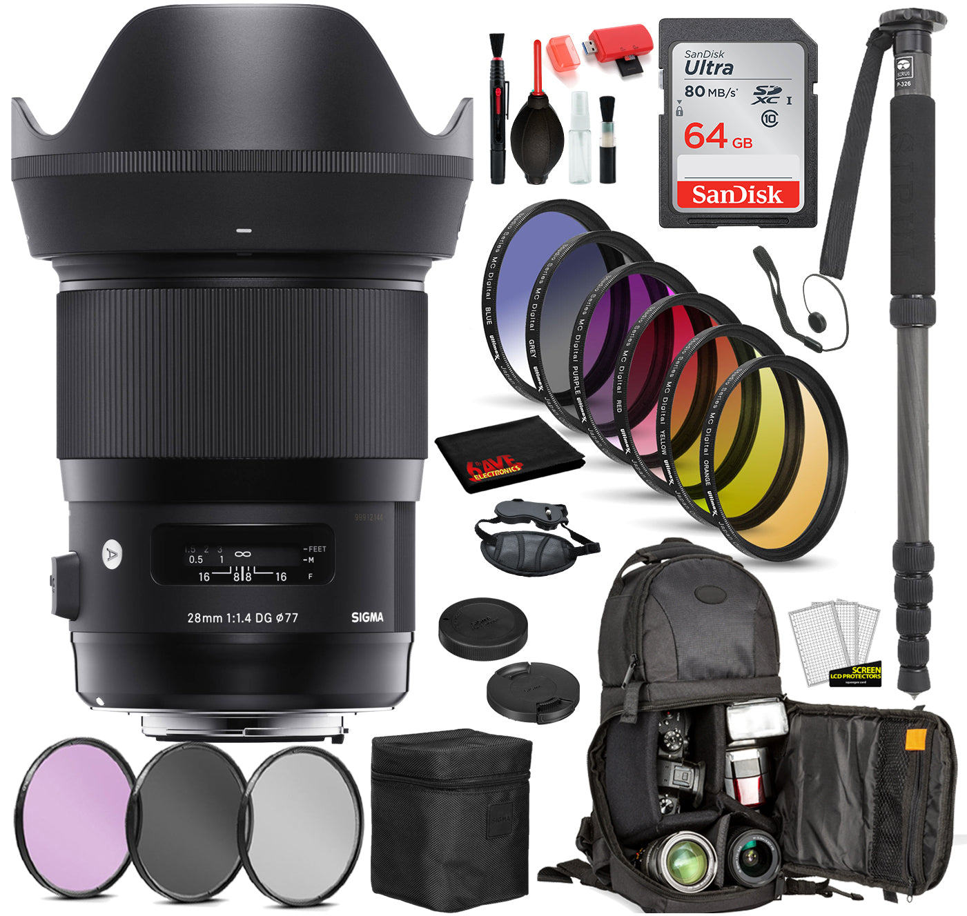 Sigma 28mm f/1.4 DG HSM Art Lens for Sony E Mount 441965 with: Sandisk 64gb SD Card, 9PC Filter Kit + More