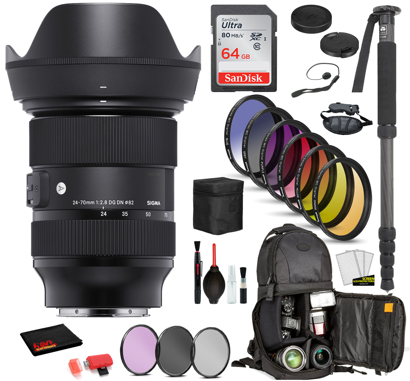 Sigma 24-70mm f/2.8 DG DN Art Lens for Sony E Mount with: Sandisk 64gb SD Card, 9PC Filter Kit + More