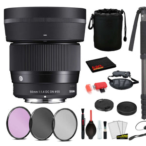 Sigma 56mm f/1.4 DC DN Contemporary Lens for Sony E Mount with: Pro Series Monopod, 3PC Filter Kit + More Sigma