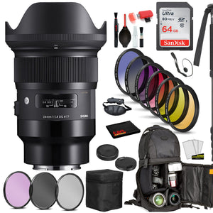 Sigma 24mm f/1.4 DG HSM Art Lens for Sony E 401965 with: Sandisk 64gb SD Card, 9PC Filter Kit + More Sigma