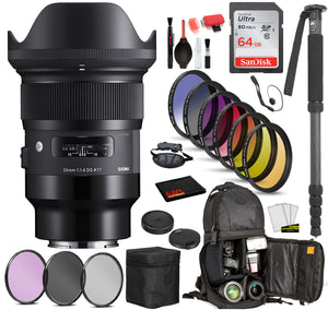 Sigma 24mm f/1.4 DG HSM Art Lens for Sony E 401965 with: Sandisk 64gb SD Card, 9PC Filter Kit + More