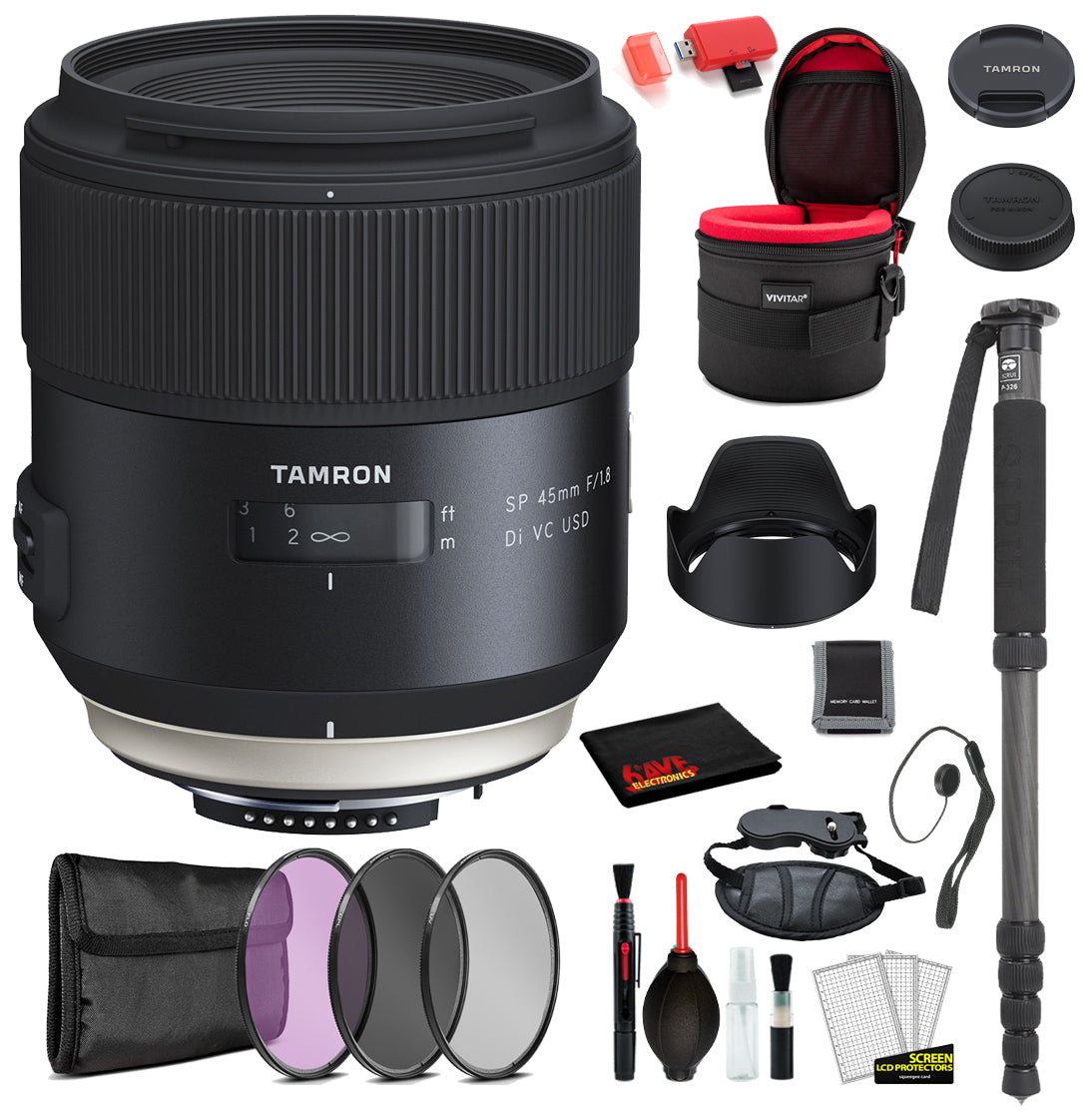 Tamron SP 45mm f/1.8 Di VC USD Lens for Nikon F  with Bundle Includes: Vivtar Padded Lens Case, 3PC Filter Kit + More