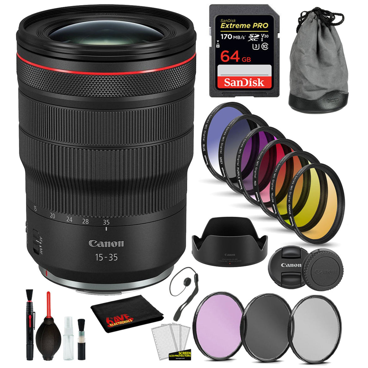 Canon RF 15-35mm f/2.8L IS USM Lens (3682C002) with Bundle Includes: 9PC Filter Kit, Sandisk Extreme Pro 64gb + More