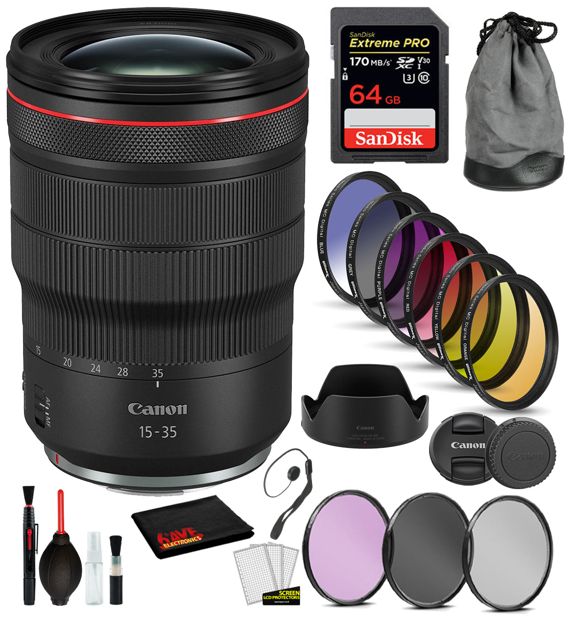 Canon RF 15-35mm f/2.8L IS USM Lens (3682C002) with  Bundle Includes: 9PC Filter Kit, Sandisk Extreme Pro 64gb + More