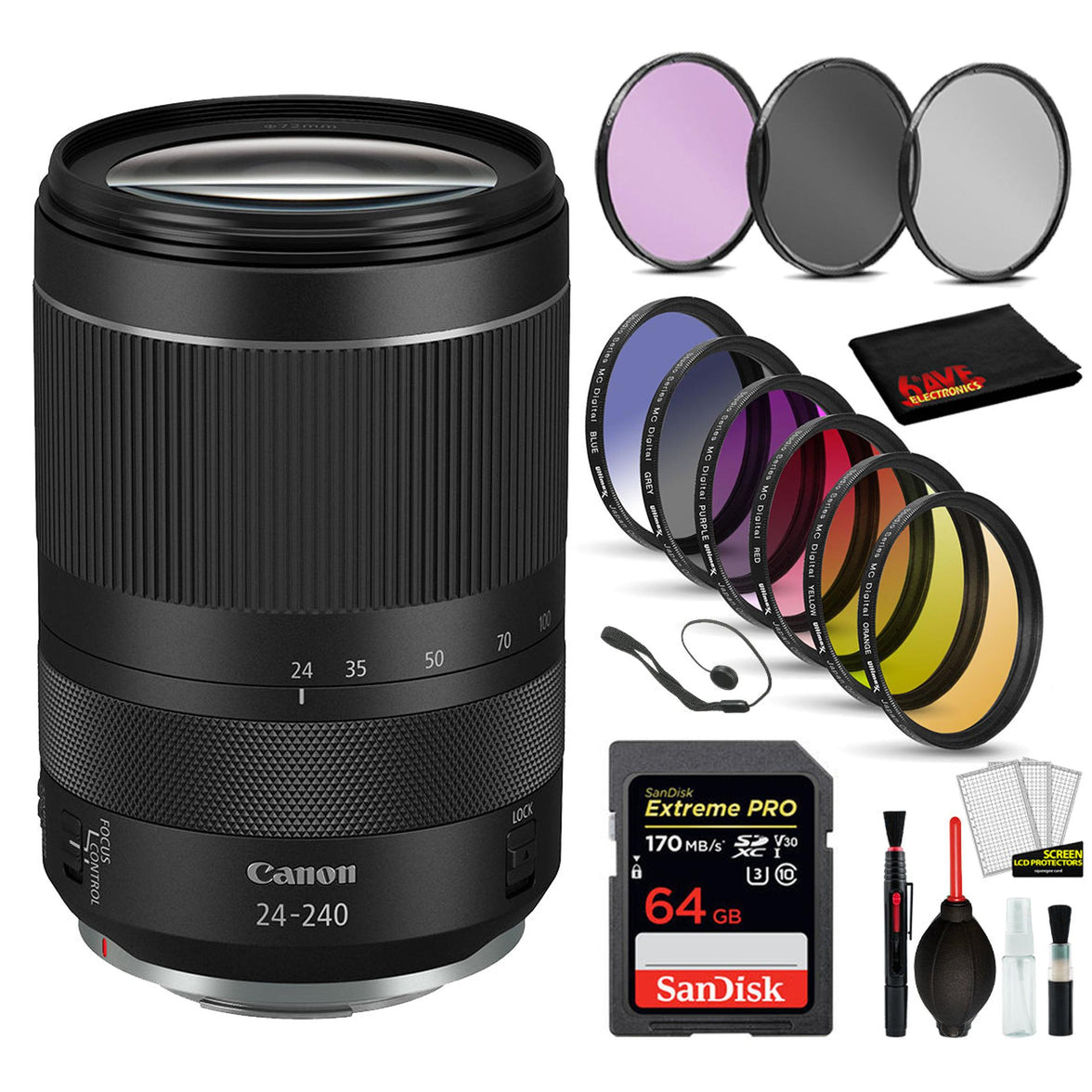 Canon RF 24-240mm f/4-6.3 IS USM Lens (3684C002) with Bundle Includes: 9PC Filter Kit, Sandisk Extreme Pro 64gb + More