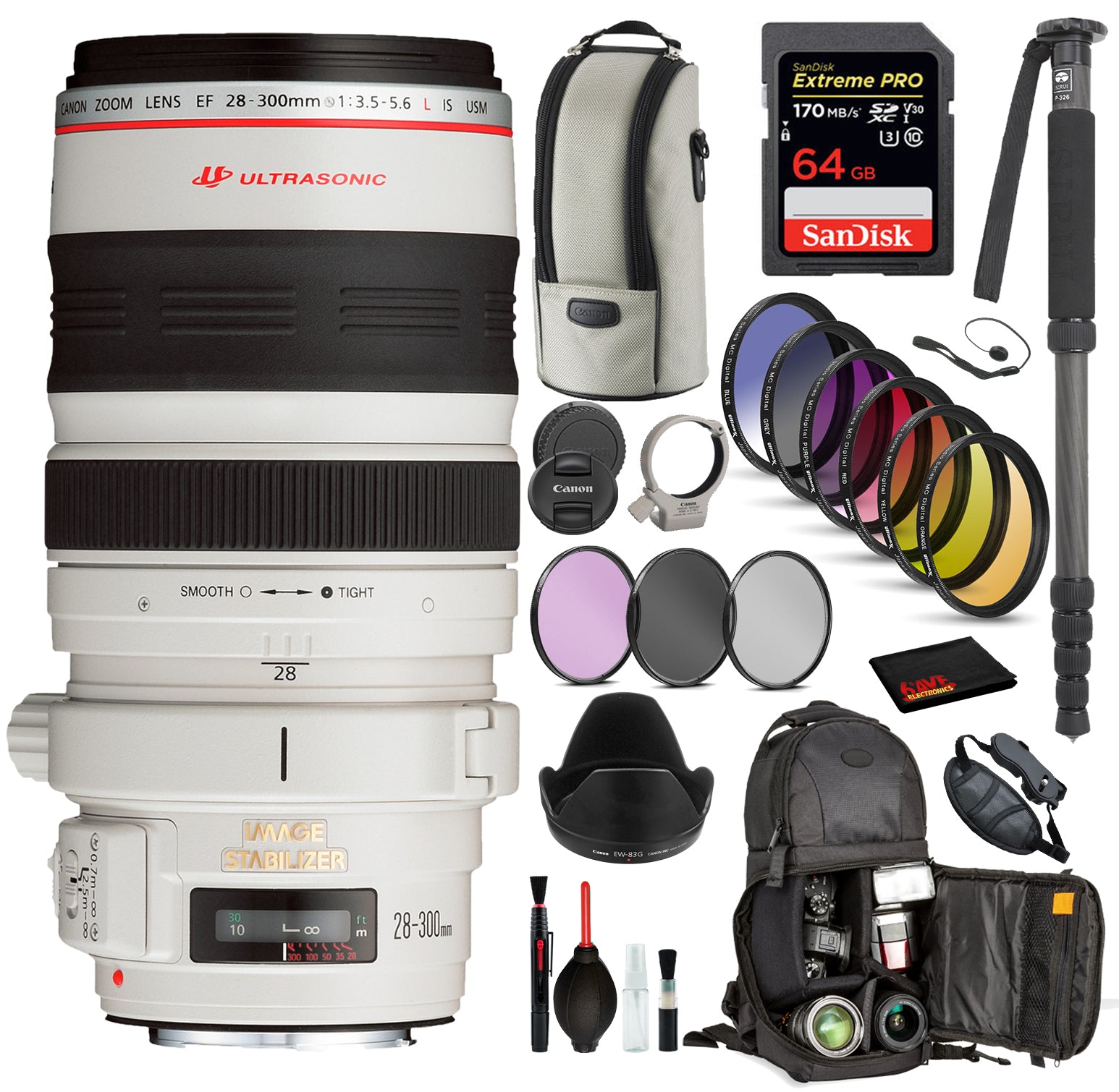 Canon EF 28-300mm f/3.5-5.6L IS USM Lens 9322A002 with Bundle : 9PC Filter Kit, Sandisk Extreme Pro 64gb + More