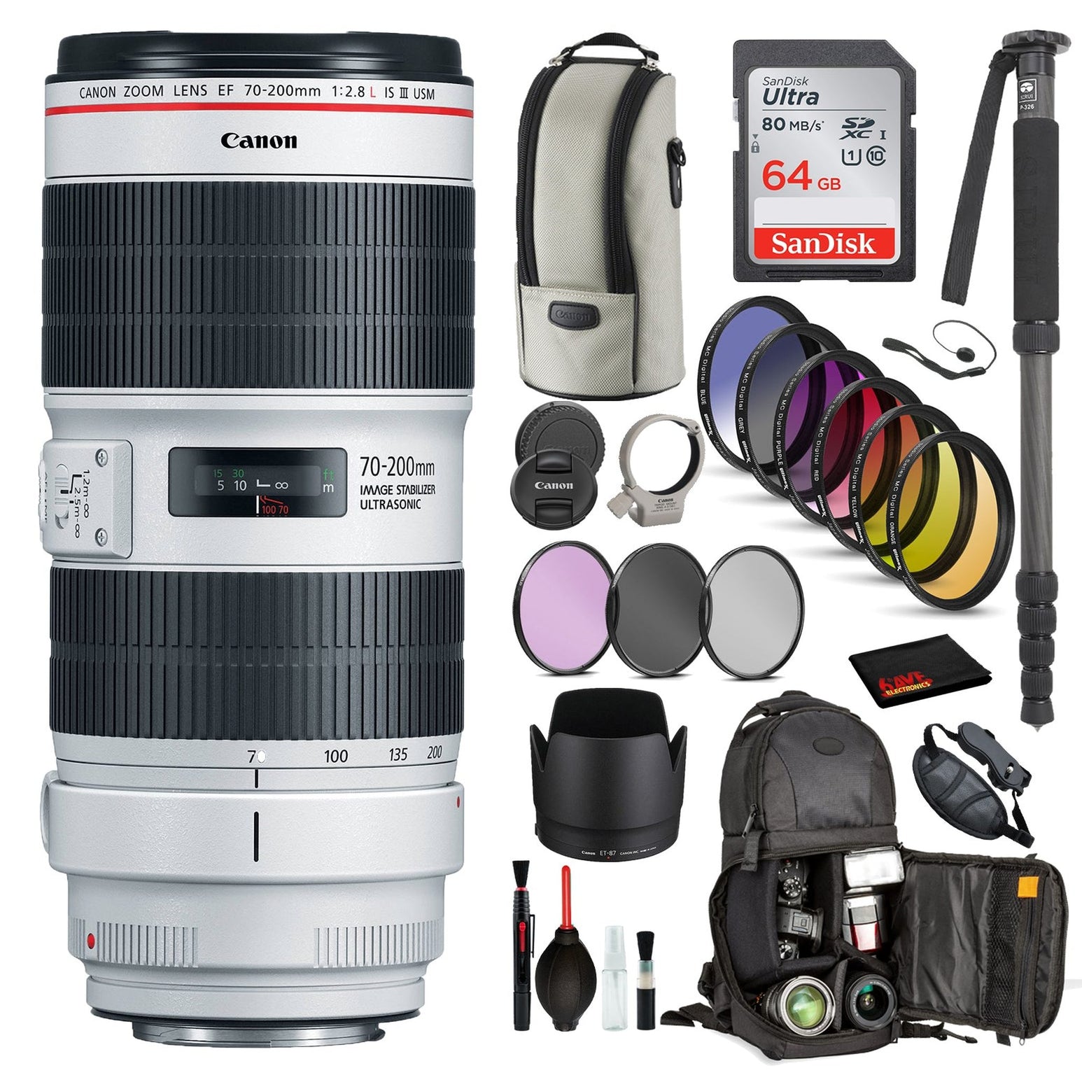Canon EF 70-200mm f/2.8L IS III USM Lens (3044C002) with Bundle Includes: 9PC Filter Kit, Sandisk 64GB SD + More