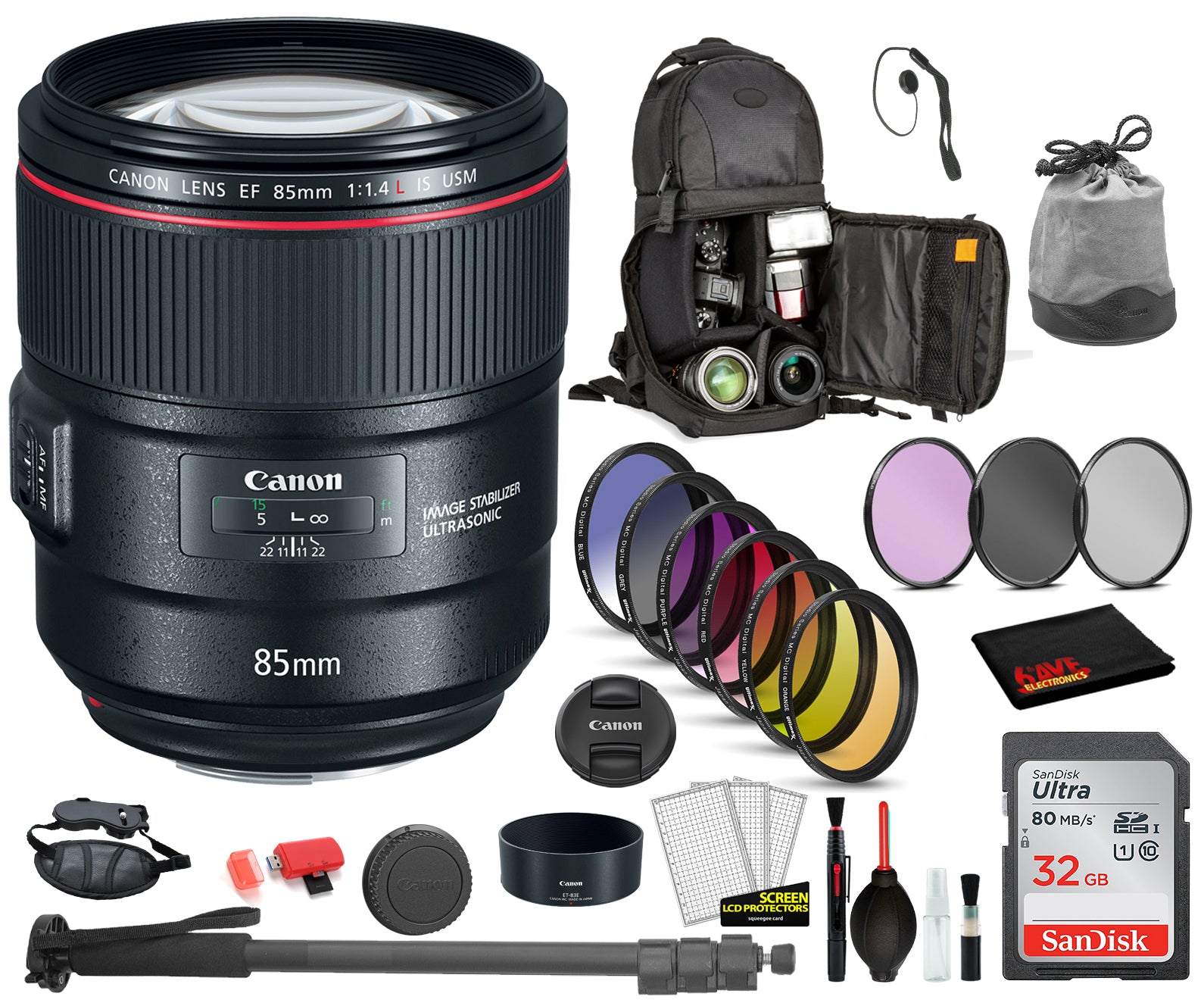 Canon EF 85mm f/1.4L IS USM Lens  (2271C002) with Bundle  Includes: 9PC Filter Kit, Sandisk 32GB SD + More