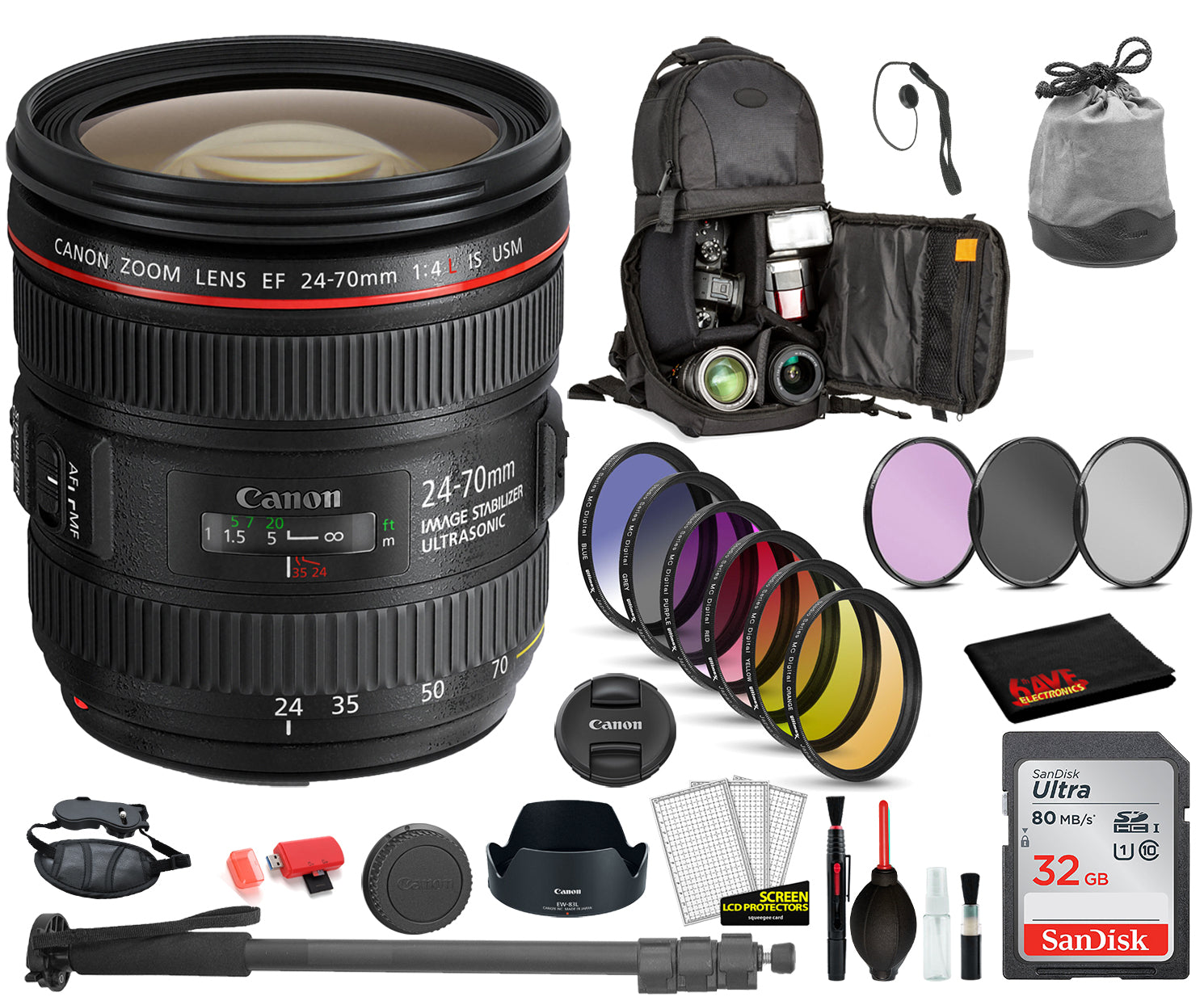 Canon EF 24-70mm f/4L IS USM Lens 6313B002 with Bundle Includes: 9PC Filter Kit, Sandisk 32GB SD + More