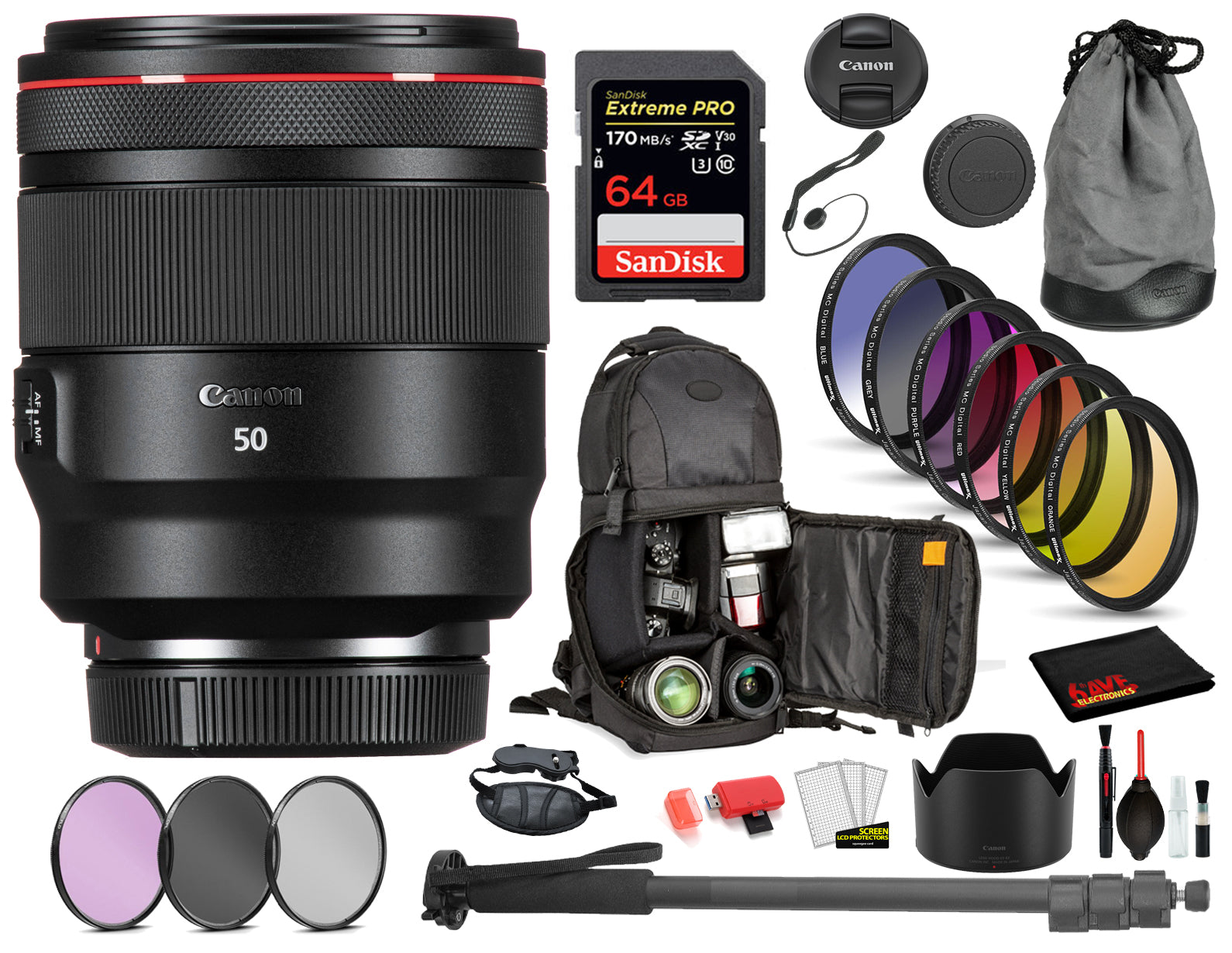 Canon RF 50mm f/1.2L USM Lens  (2959C002) with Bundle  Includes: 9PC Filter Kit, Sandisk Extreme PRO 64GB Card + More