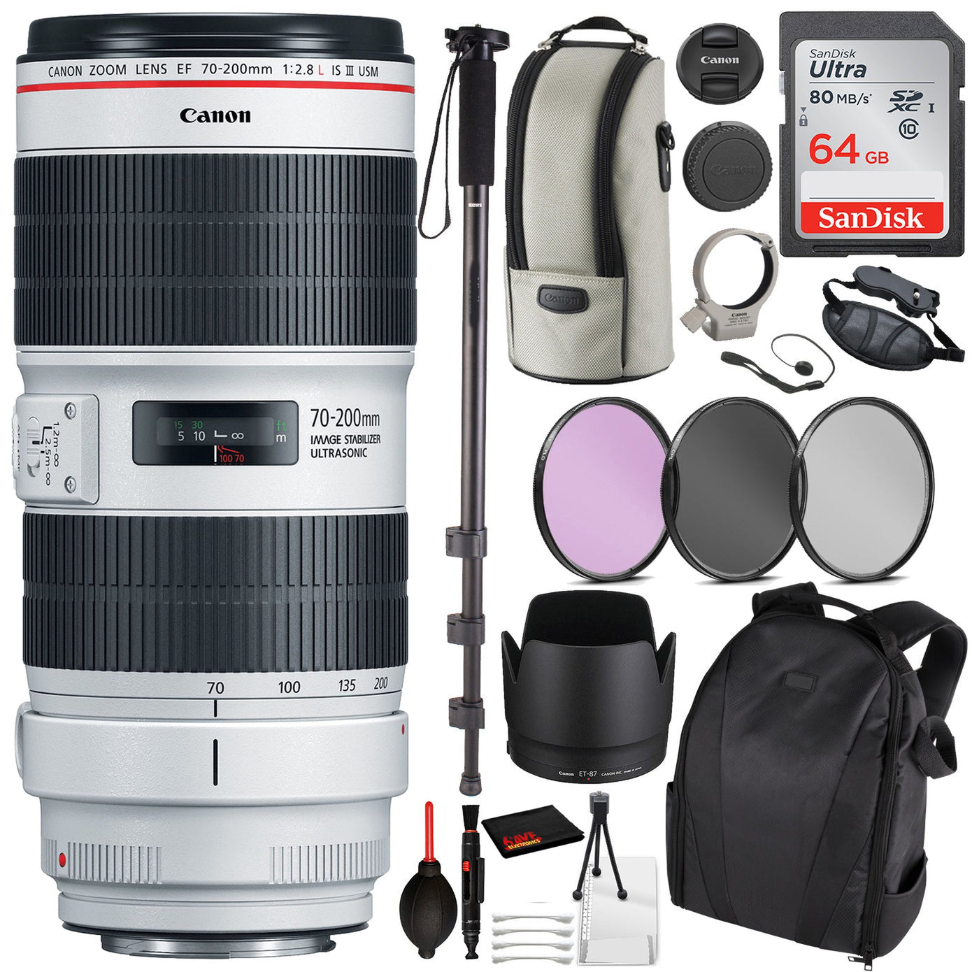 Canon EF 70-200mm f/4L IS II USM Lens 2309C002 Essential Bundle Kit for Canon EOS - International Model No Warranty