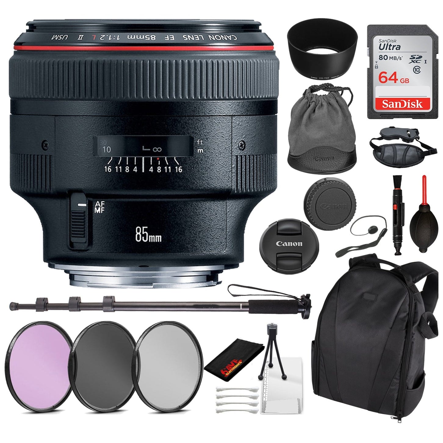 Canon EF 85mm f/1.2L II USM Lens with Essential Bundle Kit for Canon EOS - International Model No Warranty