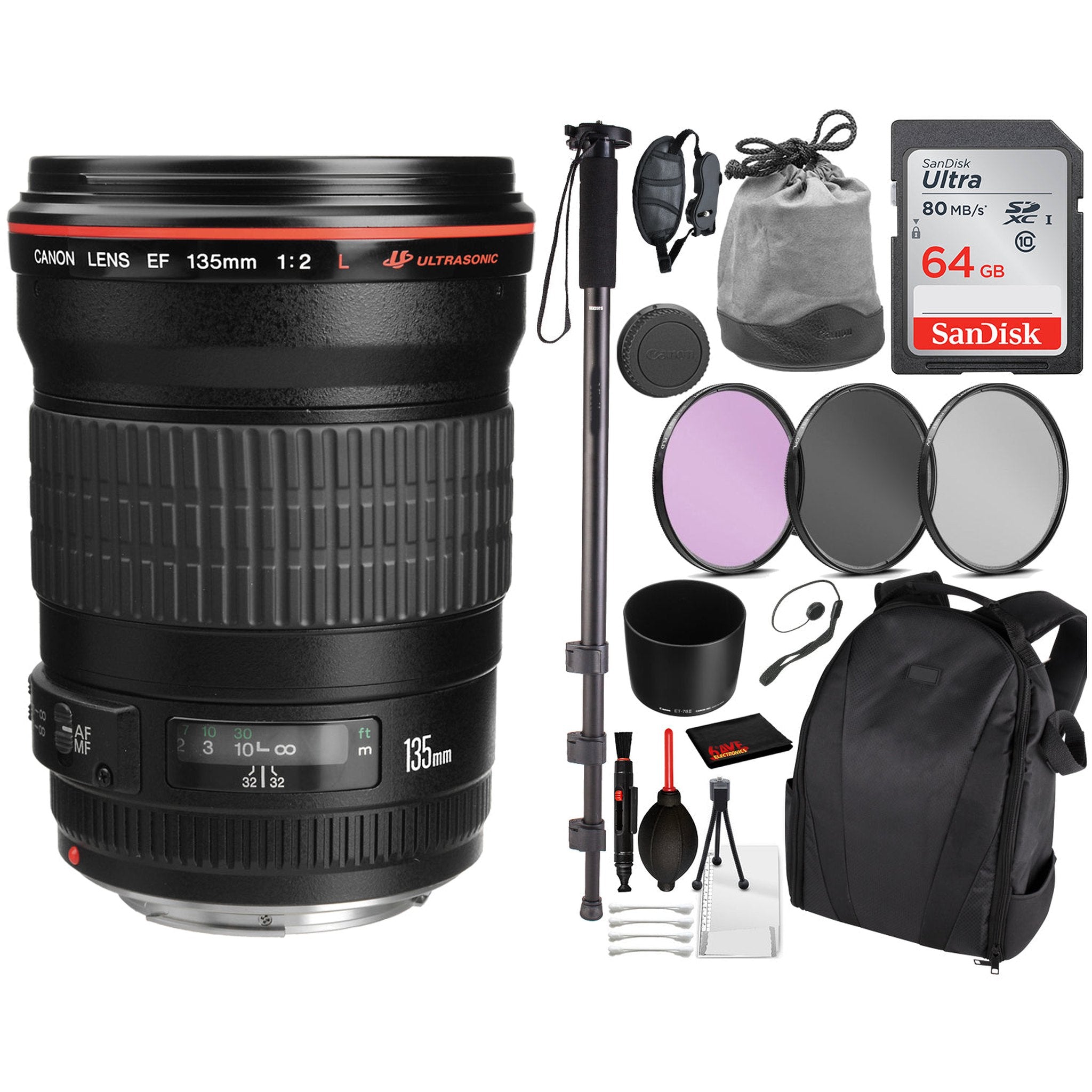 Canon EF 135mm f/2L USM Lens (2520A004) Essential Bundle Kit for Canon