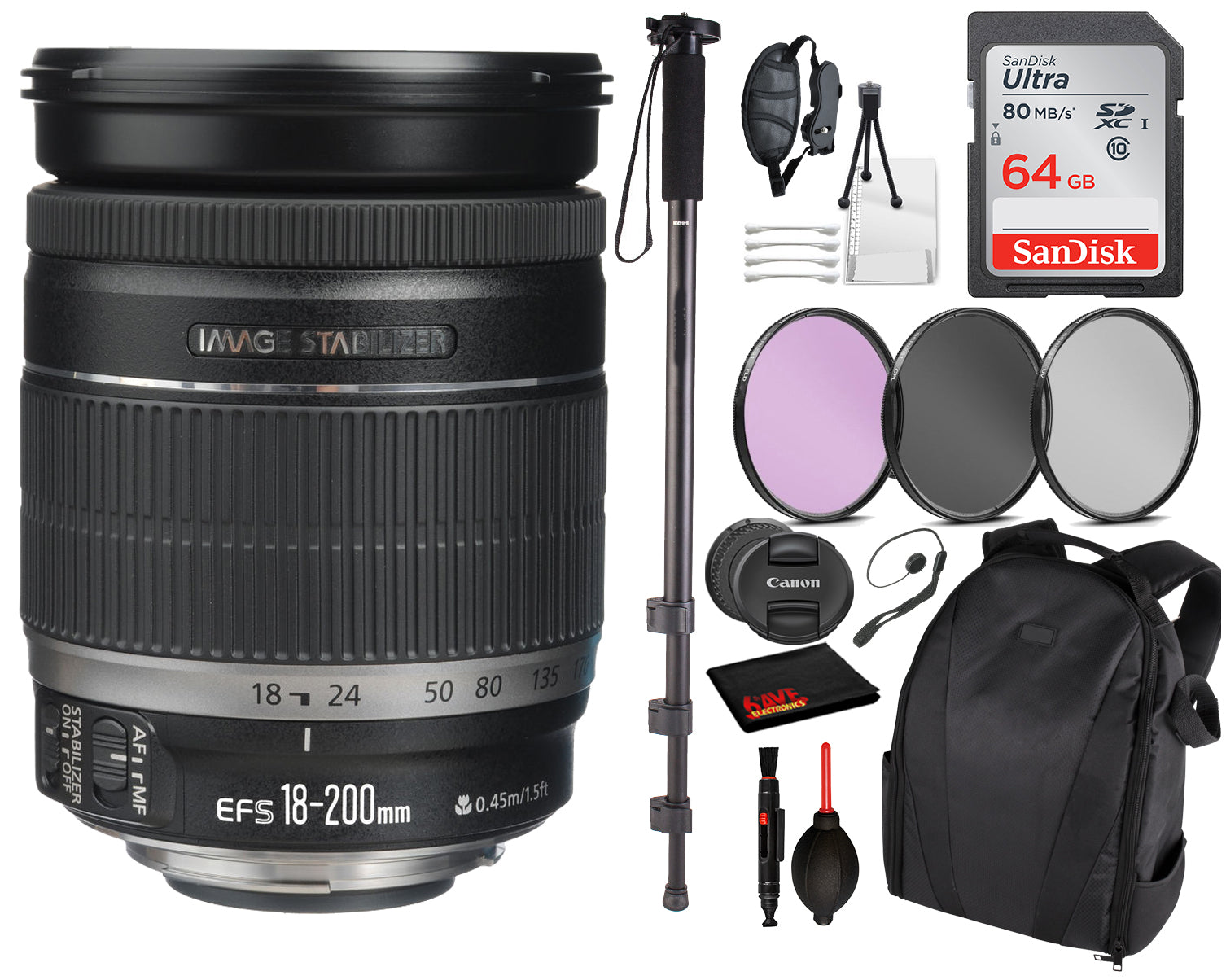 Canon EF-S 18-200mm f/3.5-5.6 IS Lens 2752B002 Essential Bundle Kit for Canon EOS - International Model No Warranty