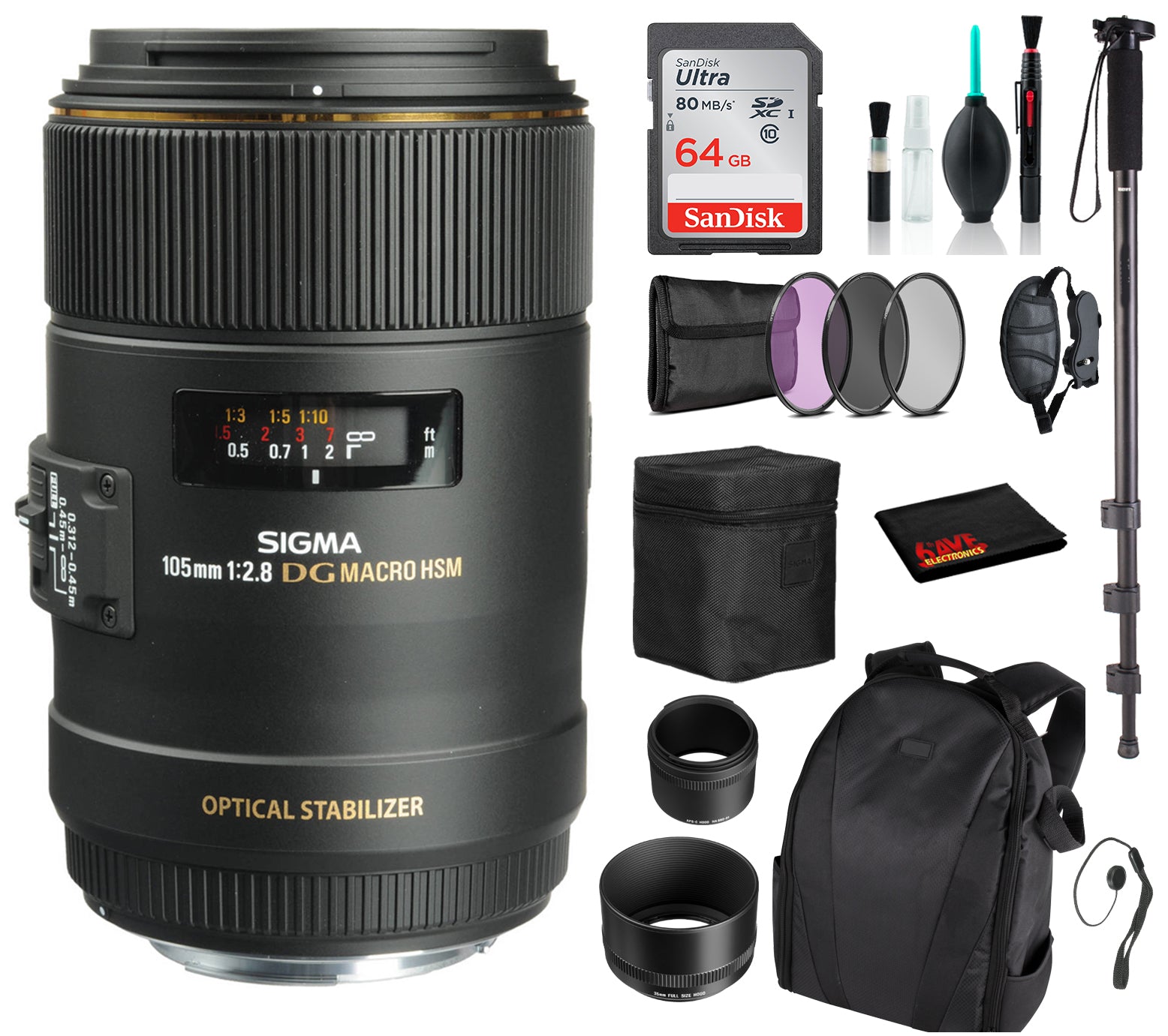 Sigma 105mm f/2.8 EX DG OS HSM Macro Lens for Nikon F with Advance Bundle: Backpack + Sandisk 64gb SD+ More