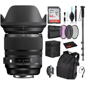 Sigma 24-105mm f/4 DG OS HSM Art Lens for Nikon F with Advance Bundle: Backpack + Sandisk 64gb SD+ More