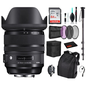 Sigma 24-70mm f/2.8 DG OS HSM Art Lens for Nikon F with Advance Bundle: Backpack + Sandisk 64gb SD+ More