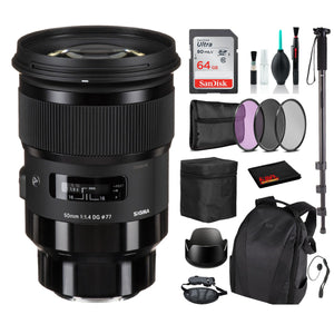 Sigma 50mm f/1.4 DG HSM Art Lens for Sony E with Advance Bundle: Backpack + Sandisk 64gb SD+ More Sigma