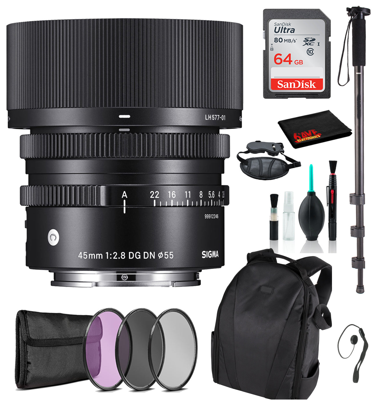 Sigma 45mm f/2.8 DG DN Contemporary Lens for Sony E with Advance Bundle: Backpack + Sandisk 64gb SD+ More
