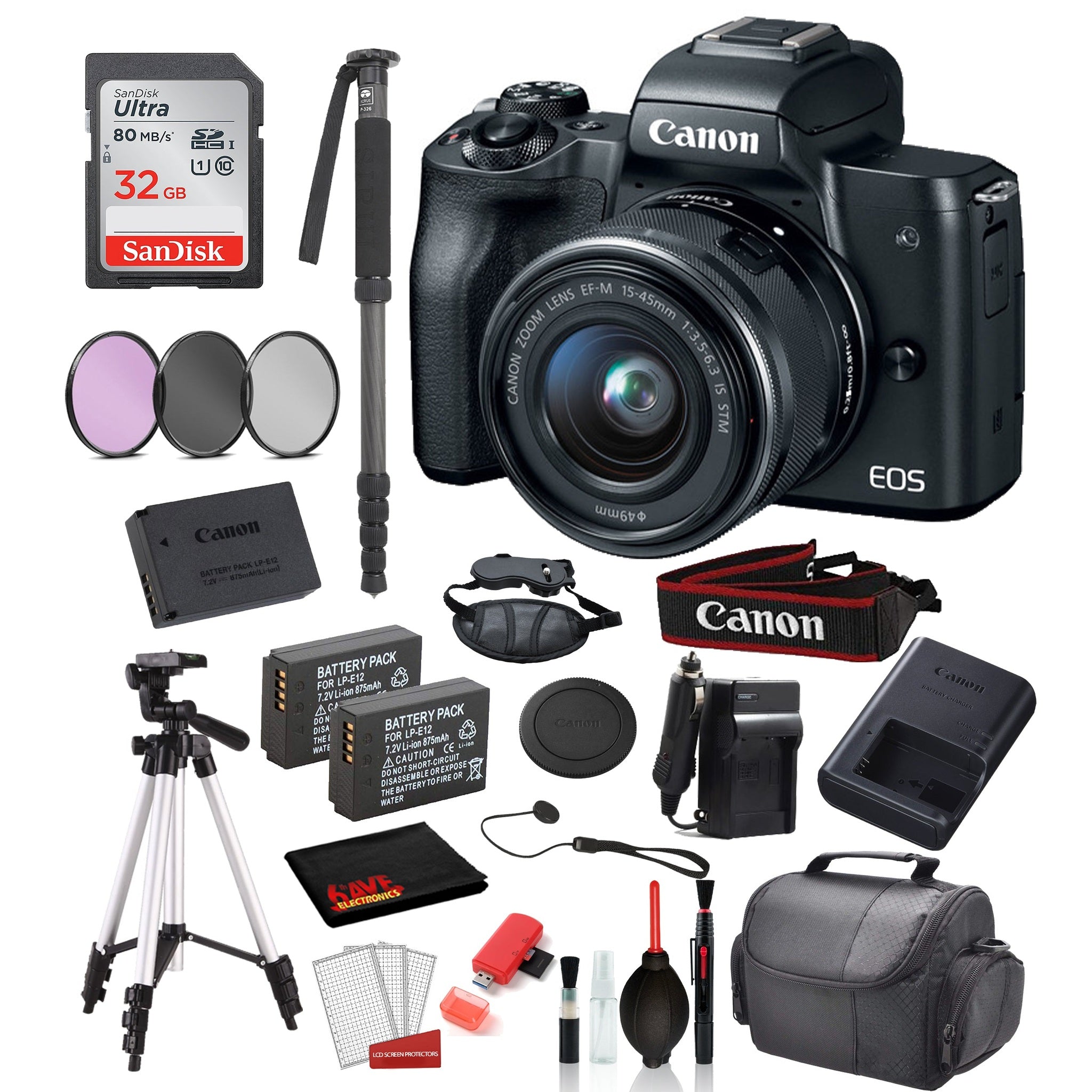 Canon EOS M50 Mirrorless Digital Camera with 15-45mm Lens (Black) Bundle + SanDisk 32gb SD + 57+ Tripod + MORE