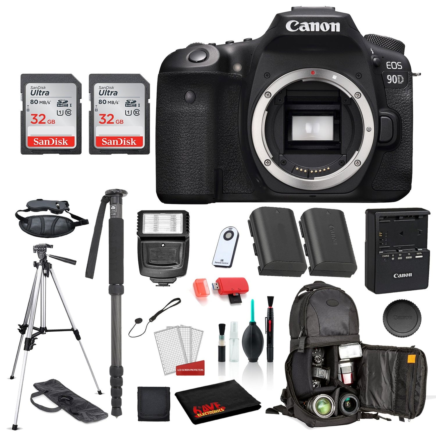 Canon EOS 90D Digital SLR Camera Body Only Bundle: SanDisk 32GB SD Card (2CT) + Battery for LPE6 + 72? Tripod + MORE