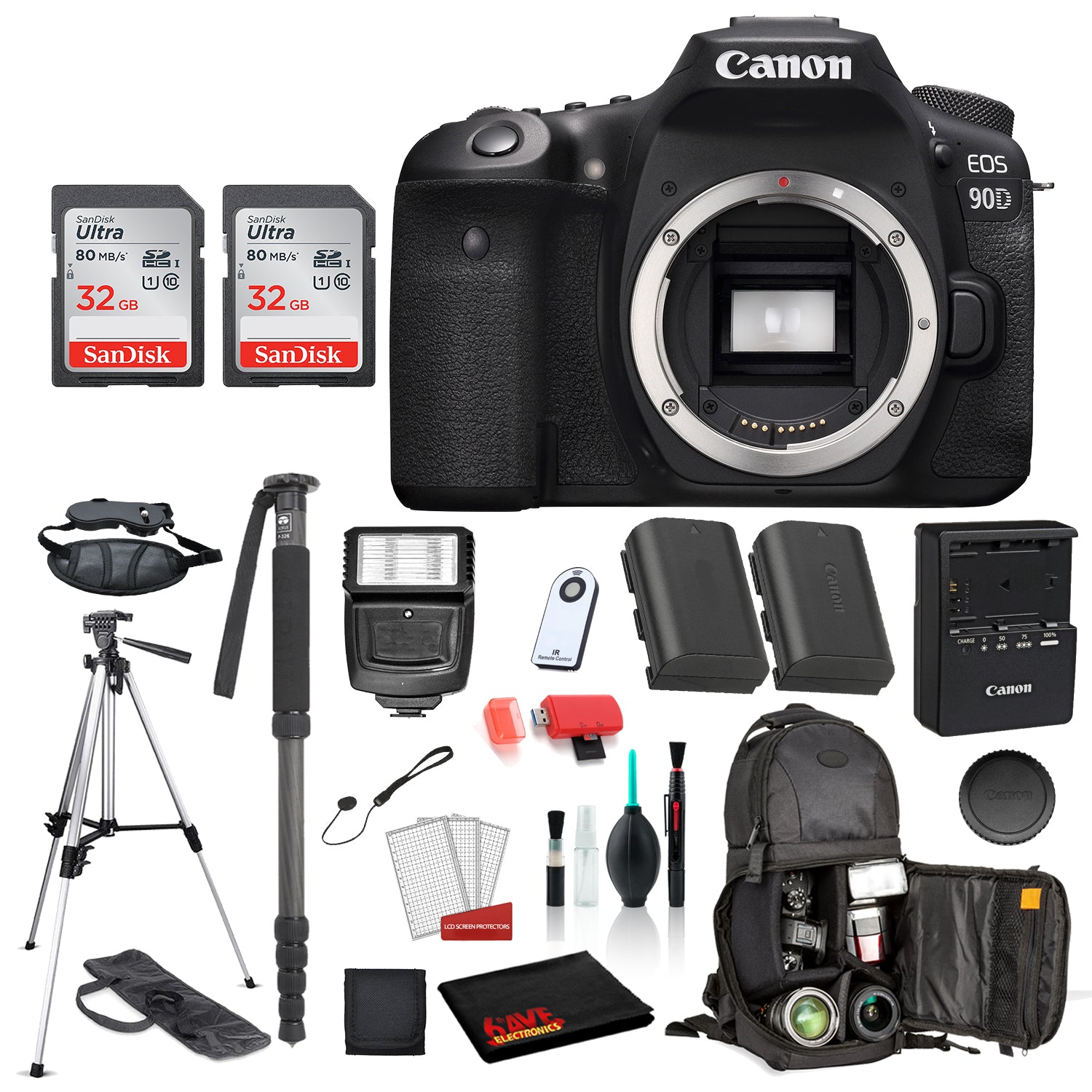 Canon EOS 90D Digital SLR Camera Body Only Bundle: SanDisk 32GB SD Card (2CT) +  Battery for LPE6 + 72? Tripod + MORE