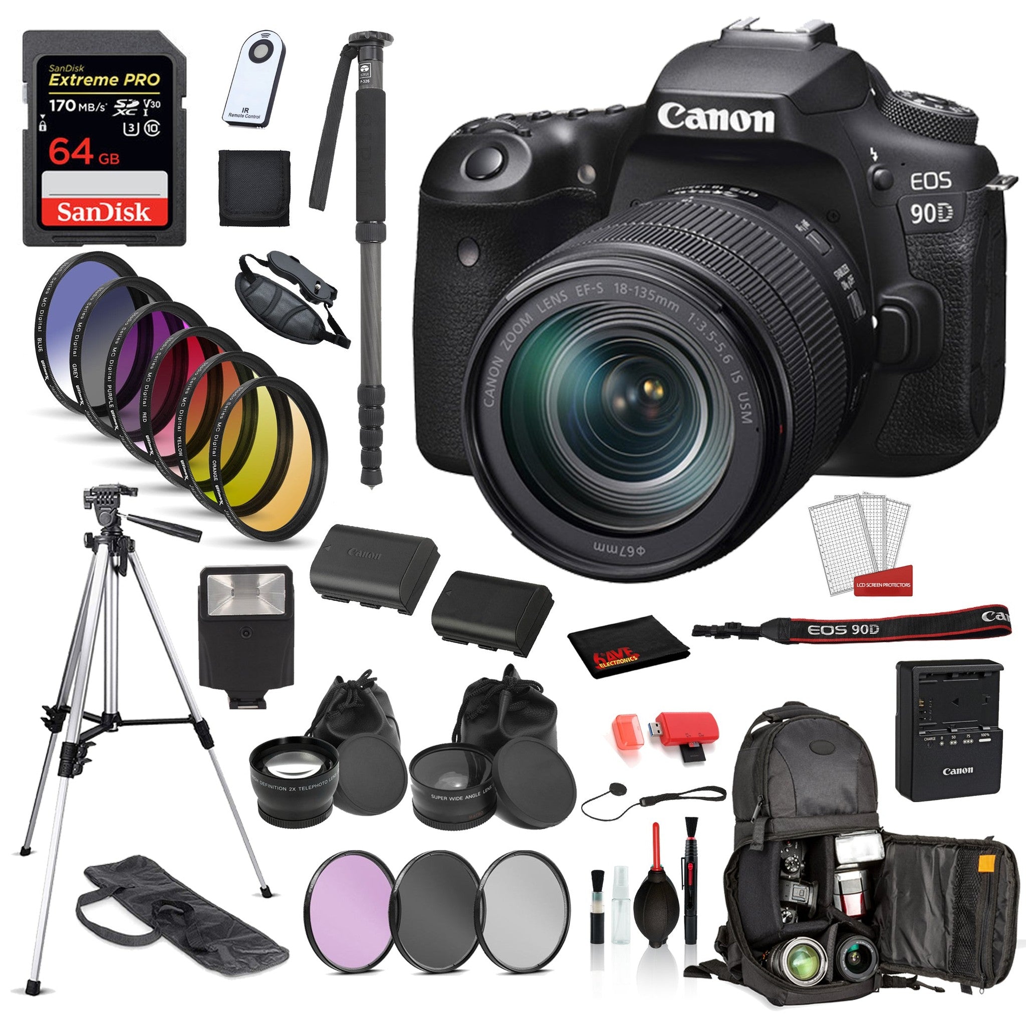 Canon EOS 90D DSLR Camera with 18-135mm Lens Bundle: SanDisk Extreme Pro 64gb SD + Battery for LPE6 + MORE