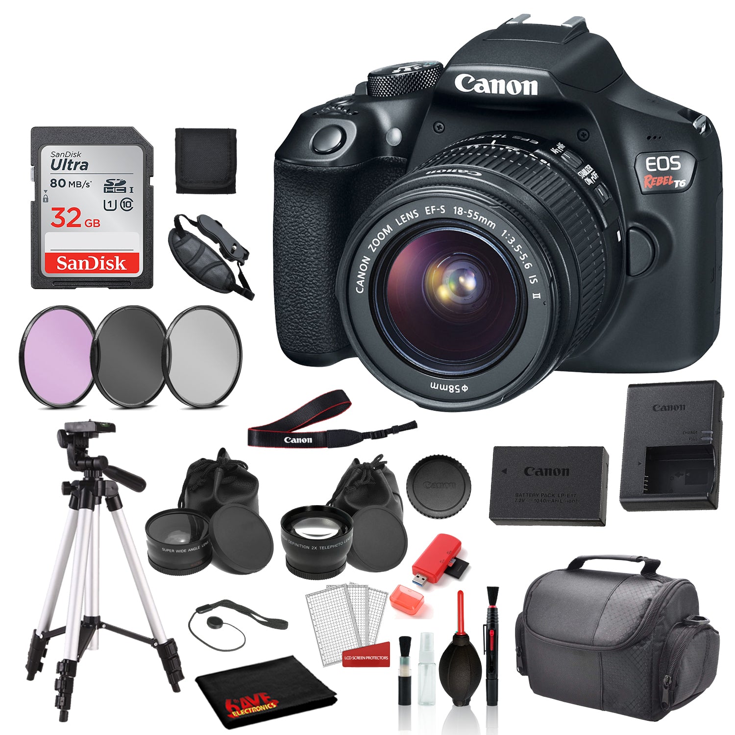 Canon EOS Rebel T6 Digital SLR Camera with 18-55mm Lens  Bundle   SanDisk 32gb SD Card + 3PC Filter Kit  + MORE