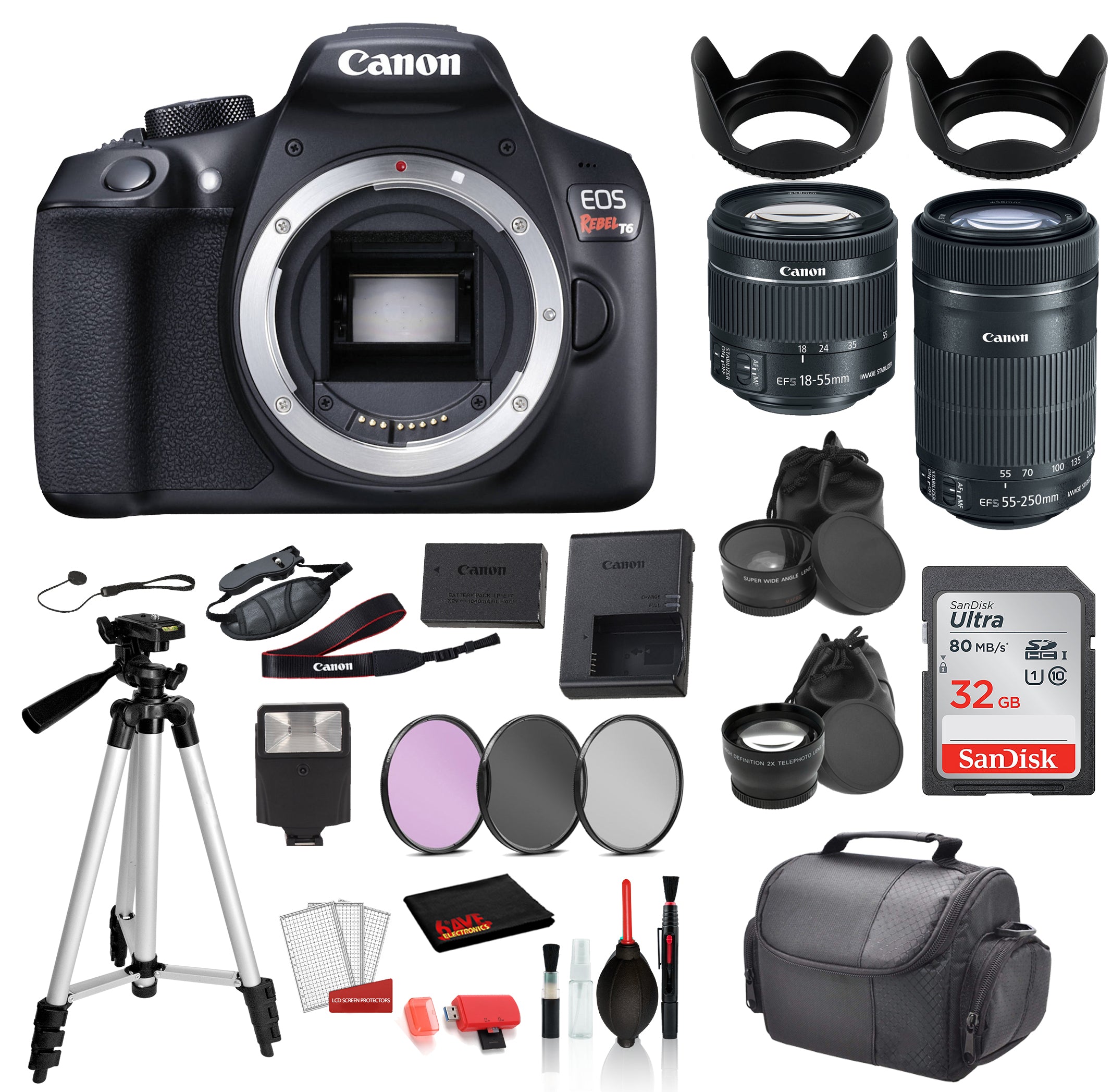 Canon EOS Rebel T6 Digital SLR Camera with 18-55mm Lens and EF-S 55-250mm Lens    SanDisk 32gb SD + 3PC Filter Kit + MORE